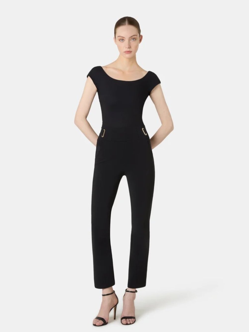 NWOT CHIARA BONI Damia Black Scuba Illusion Belt Slim Ankle Pants, Size 40/S